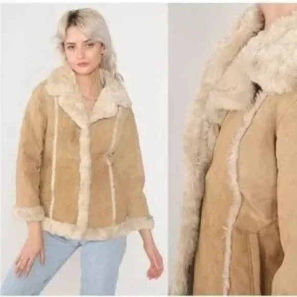 Wilsons Womens Vintage Beige Leather Suede Faux Fur Maxima Button Up Coat Jacket - Picture 4 of 11